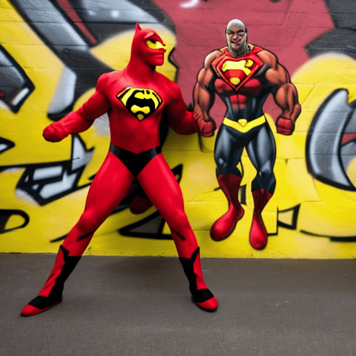 AI generated: a blackman in a red and yellow superhero suit  fighting a white man in a dog superhero suit, in fron...