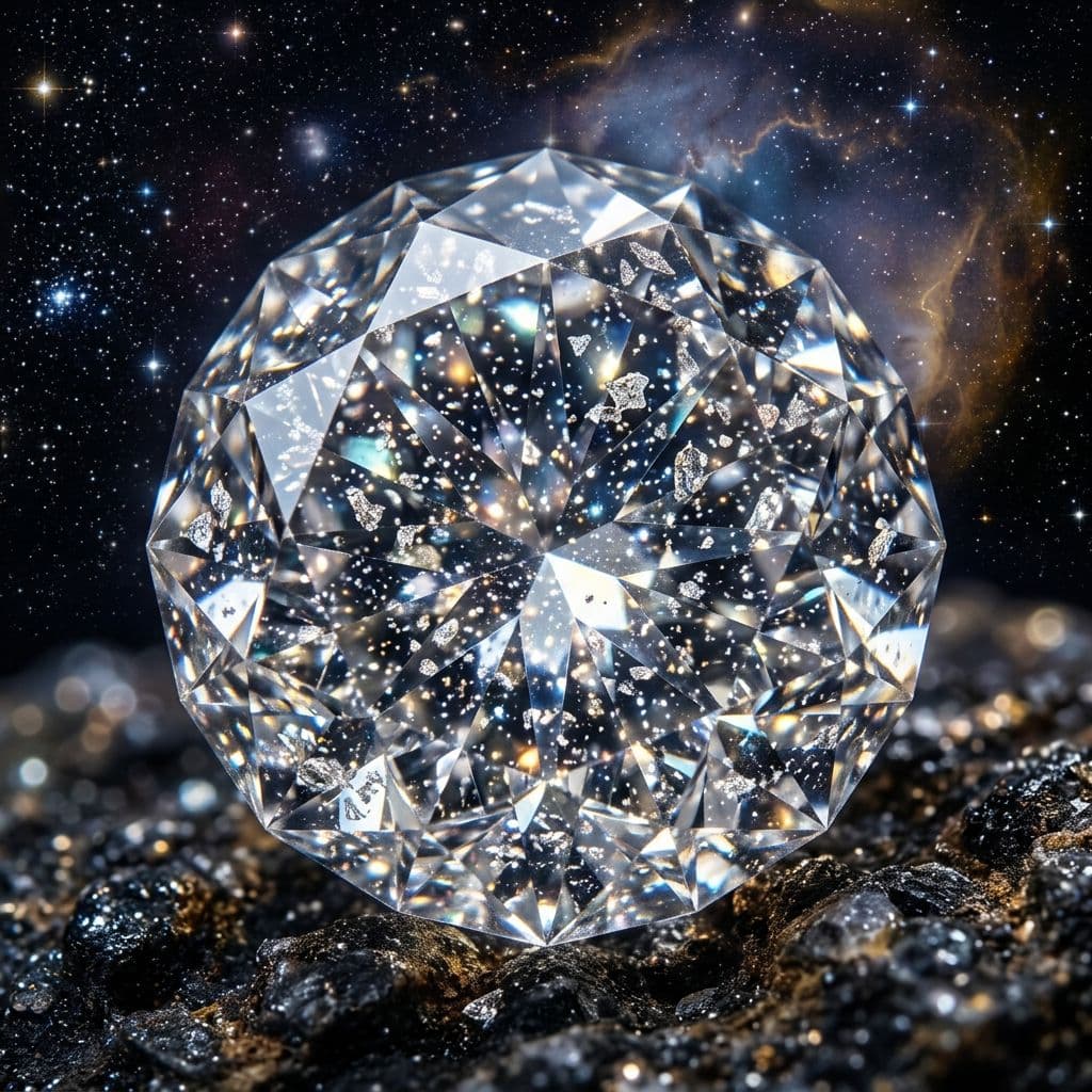 AI generated: a brilliant crystal made of diamond with shards of platinum flakes through out it like stars in the ...