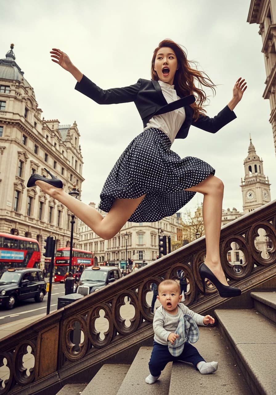AI generated: A Korean  woman with a baby beside her,on the streets of London. exaggerated expressions,long leg, l...