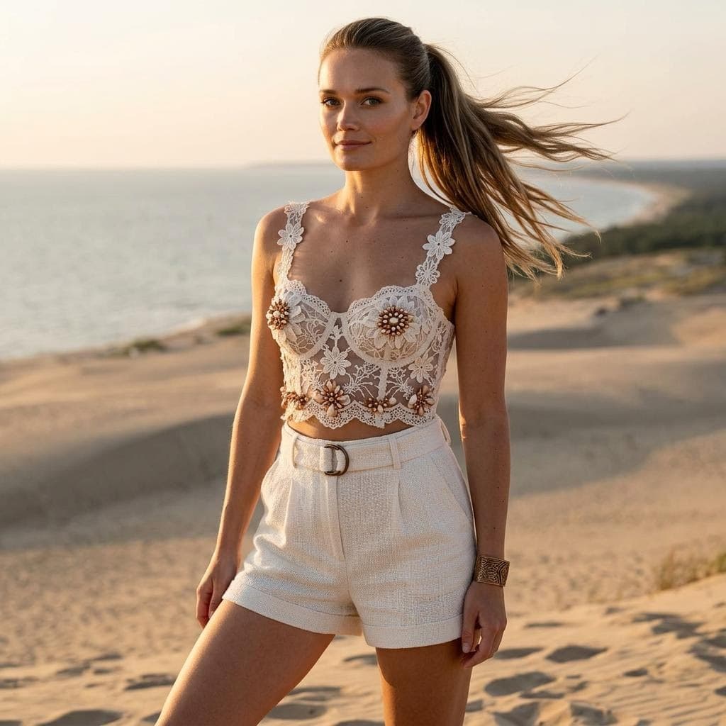 AI generated: a dark blond woman with ponytail hair slim waste, flat chest is standing in the beach, in the style ...