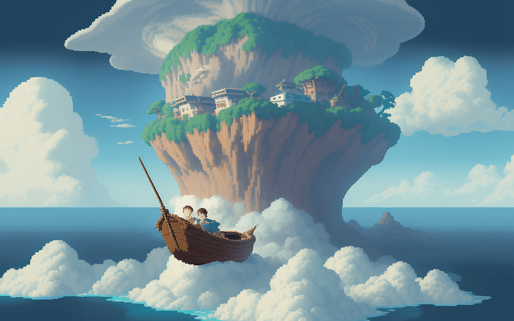 AI generated: 
16 bit pixel art, epic composition of a explorer in a boat reaching an island in the clouds, by stu...