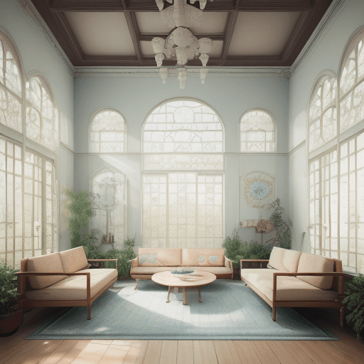 AI generated: High resolution photography interior design, dreamy sunken living room conversation pit, wooden floo...
