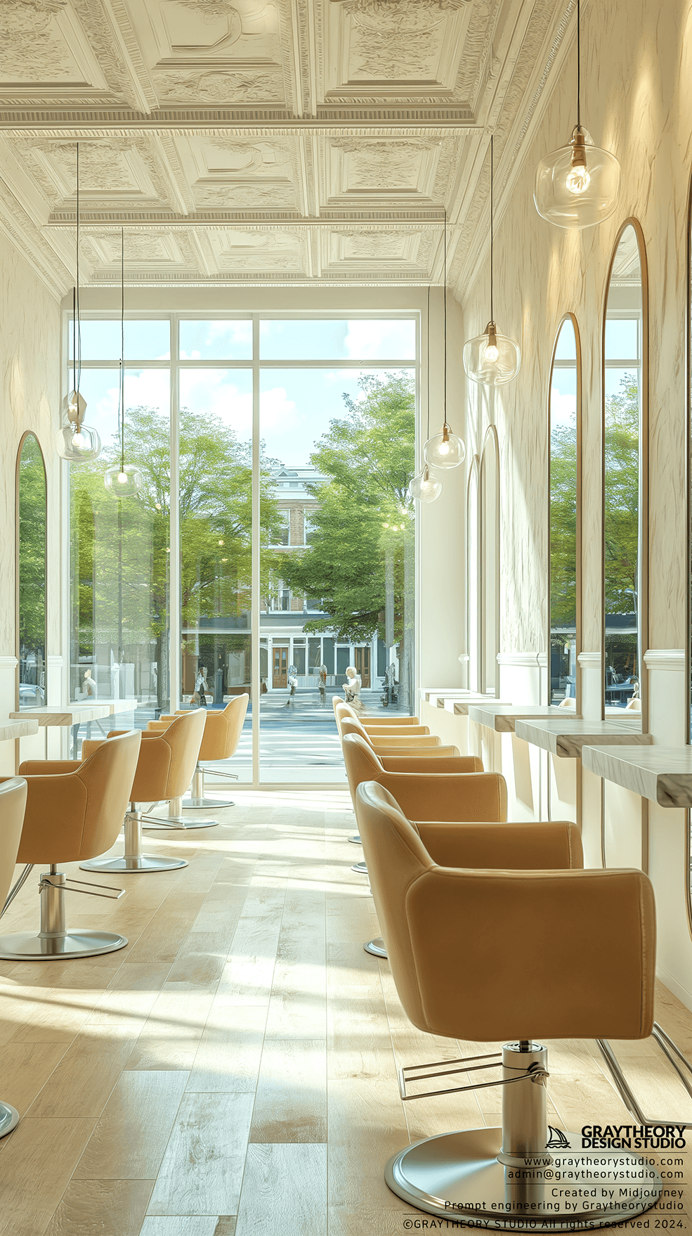 AI generated: minimalist hair salon, filled with natural light on a sunny city morning, white-washed oak floors an...