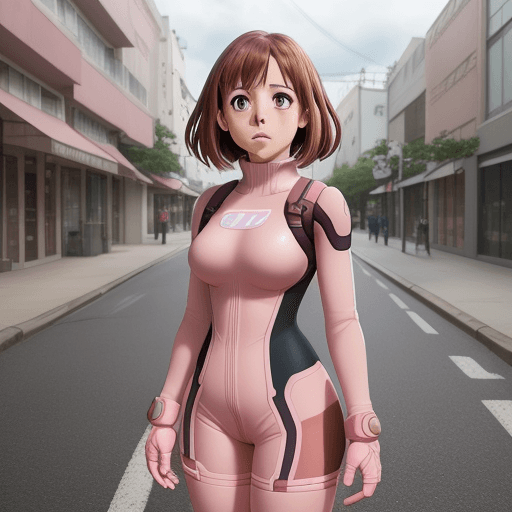 AI generated: Uraraka Ochako, pink and white bodysuit, standing on a street, Boku no Hero Academia, HD, ultra real...