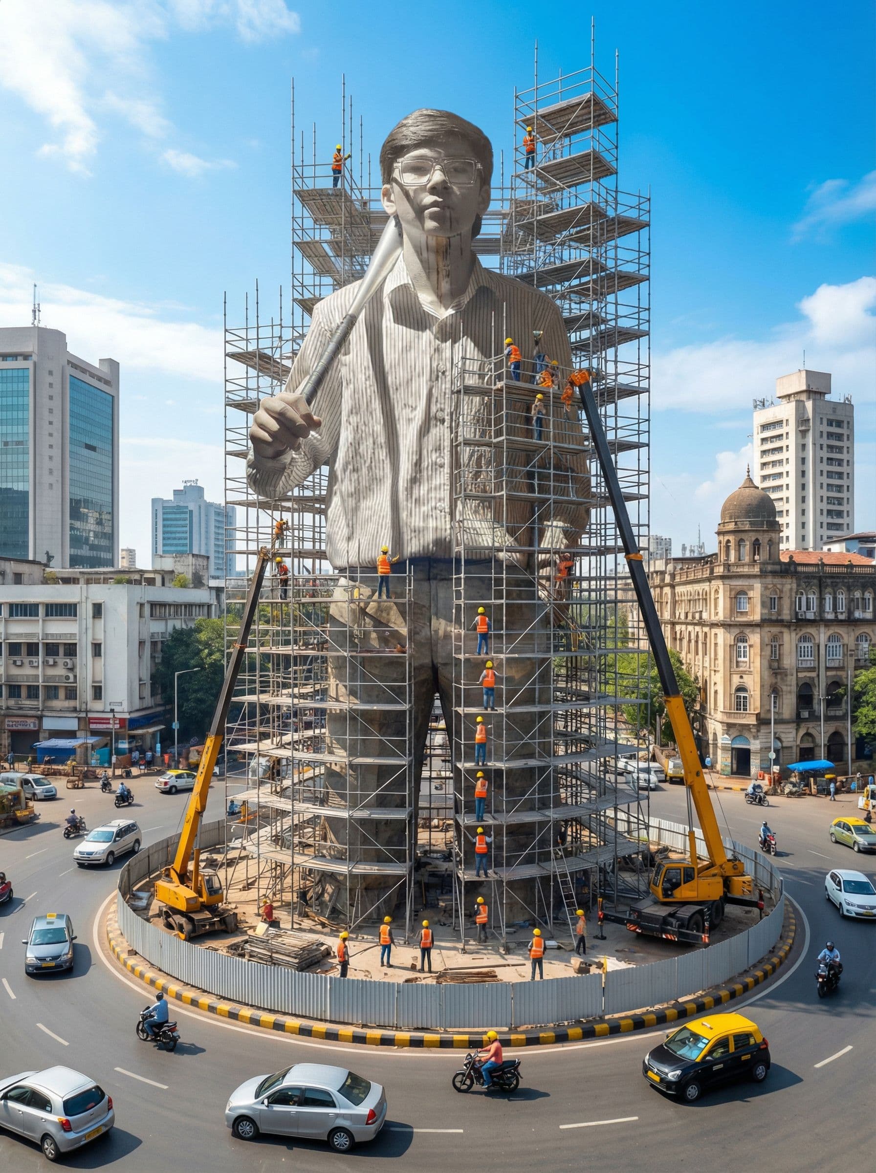 AI generated: An ultra-realistic, giant statue (based on the uploaded photo of the person) stands in the center of...