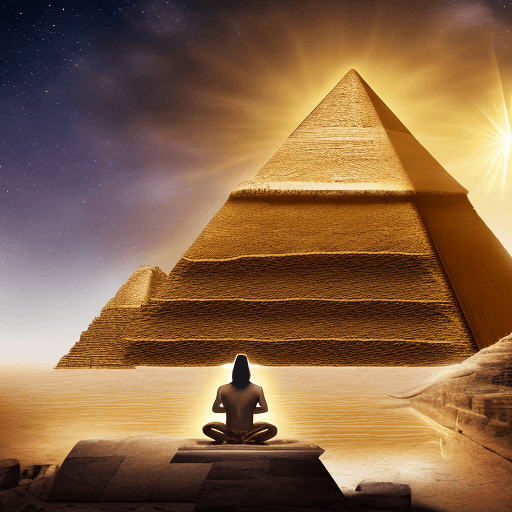 AI generated: A beautiful render of an egyptian pyramid with golden light radiating from the top, centered in fron...