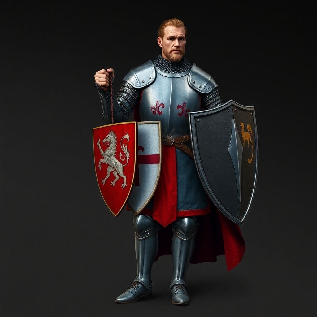 AI generated: a medieval knight in full plate armour, on foot, holding a shield with his coat of arms in one arm, ...