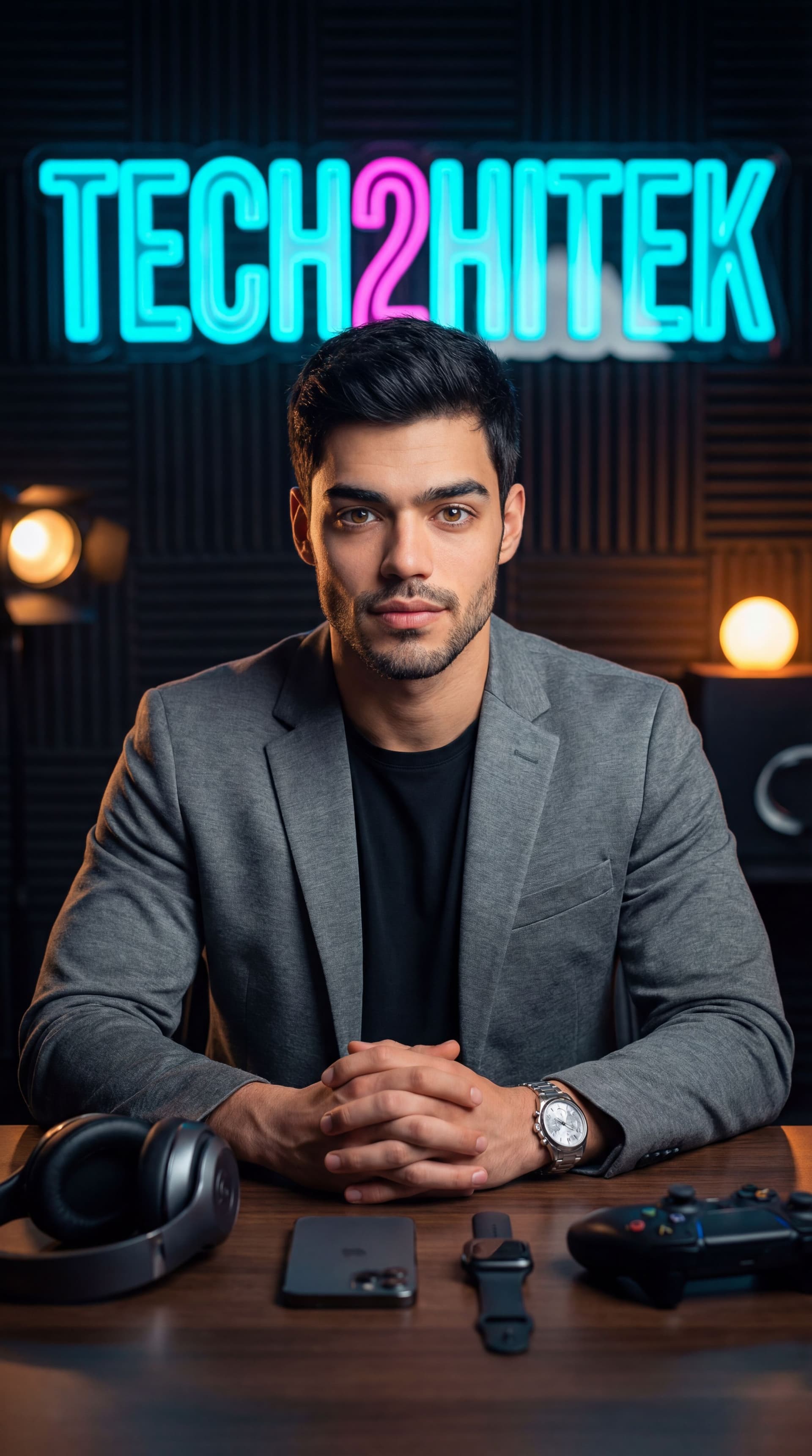 AI generated: A cinematic high-quality portrait of a professional male tech influencer in his late 30s with chisel...