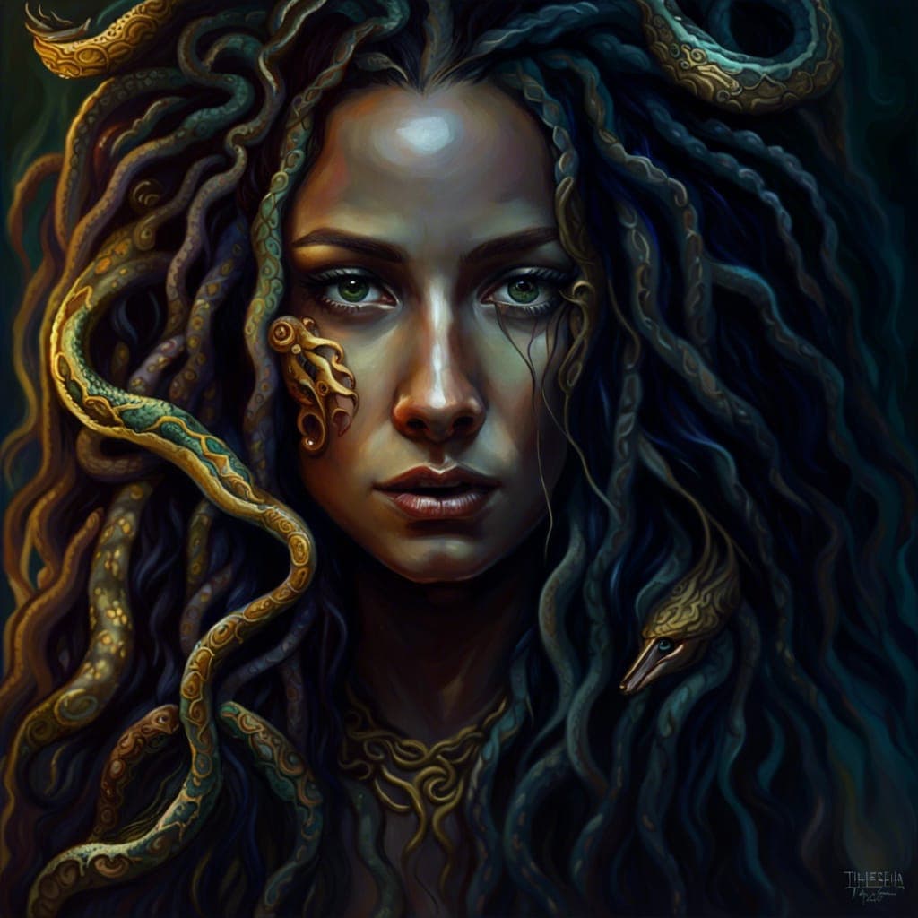 AI generated: medusa (greek) with snakes as dreadlocks portrait, mysterious atmospheric lighting, painted, intrica...