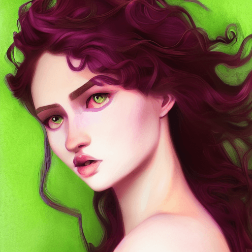 AI generated: red hair, purple eyes, curly hair, girl, european face, green dress, realistic art