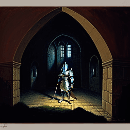 AI generated: Painting of a knight looking down in despair. Background has a love castle which is forever empty (i...