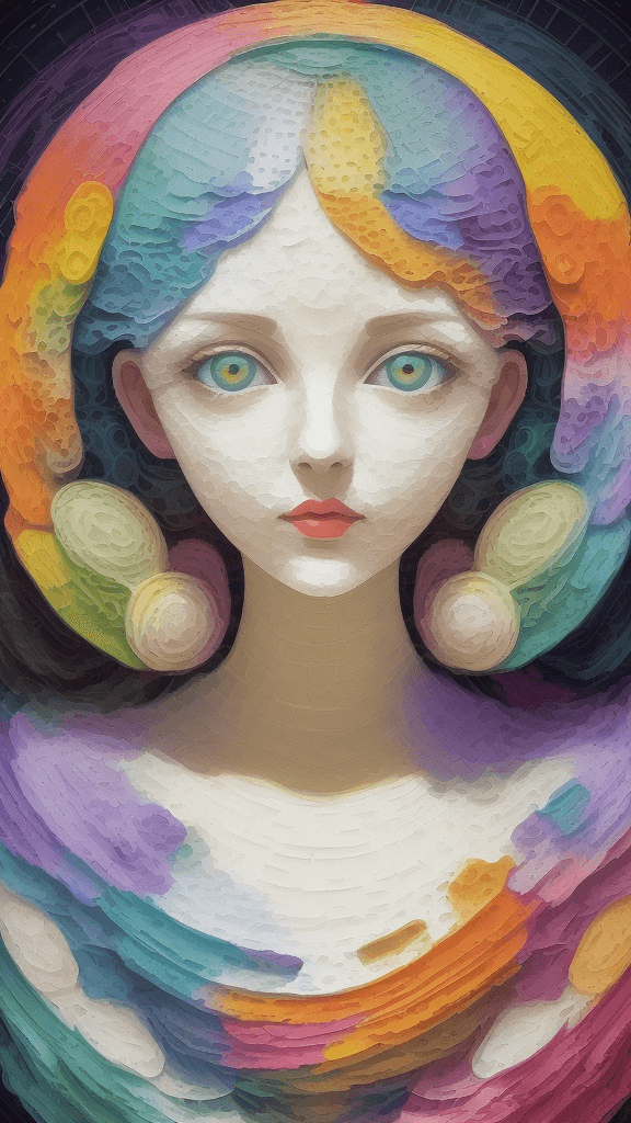 AI generated: a woman is shown with white circles surrounding her face, in the style of colorful impasto, three-di...