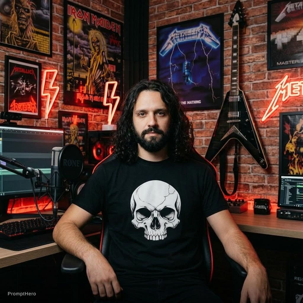 AI generated: A man in a streaming studio with a heavy metal aesthetic, looking directly at the camera; good light...