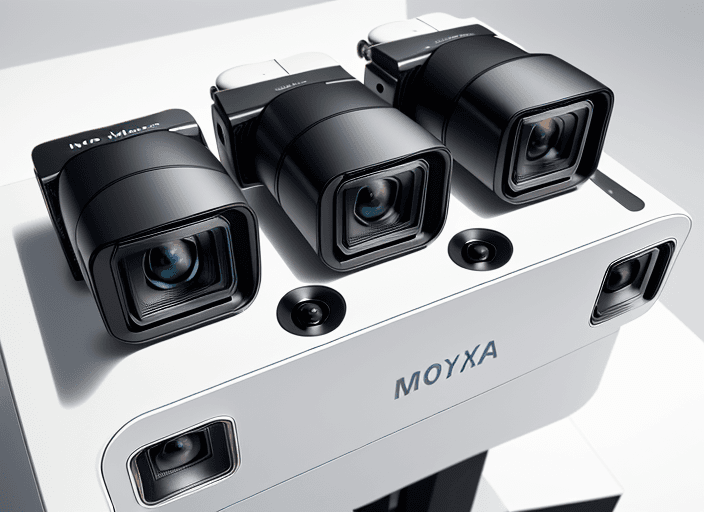 AI generated: Six slim cameras, on a glossy white surface, birds eye view, hyper realistic, highly detailed, 8K, m...