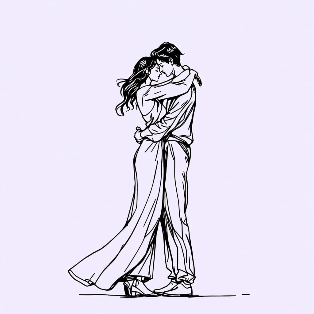 AI generated: minimalist line art drawing of a couple that hug eachother, sketched in continuous black lines again...