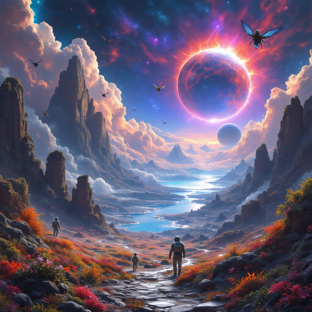 AI generated: extrem fantastic view over an alien landscape on anaother planet ,far away in a distant galaxy,very ...