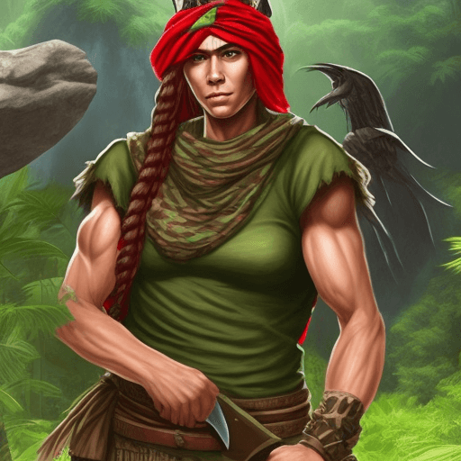 AI generated: tall catachan warrior girl with big cheast. muscular large strong build. red bandana with aquila on ...