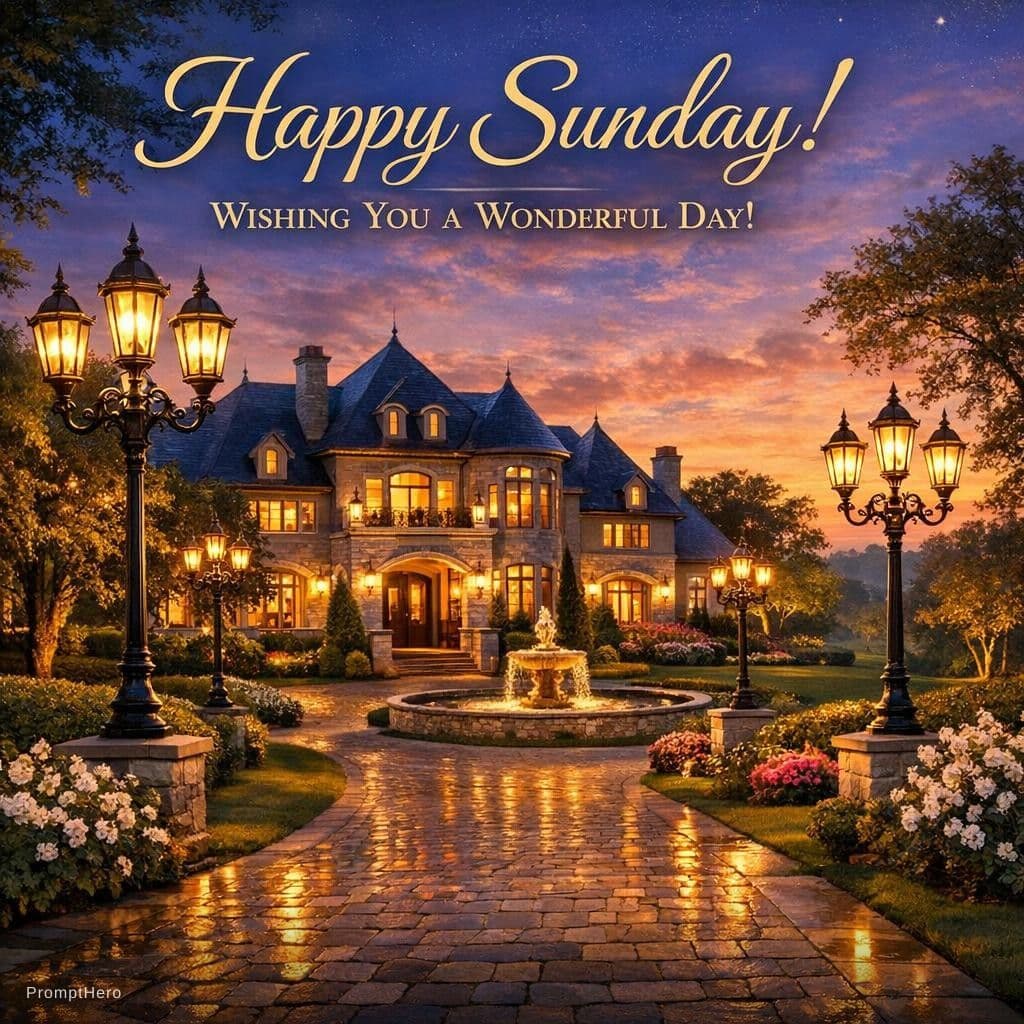 AI generated: Create a professional  happy Sunday greating card  with street lights  luxurious  mansionand beutifu...