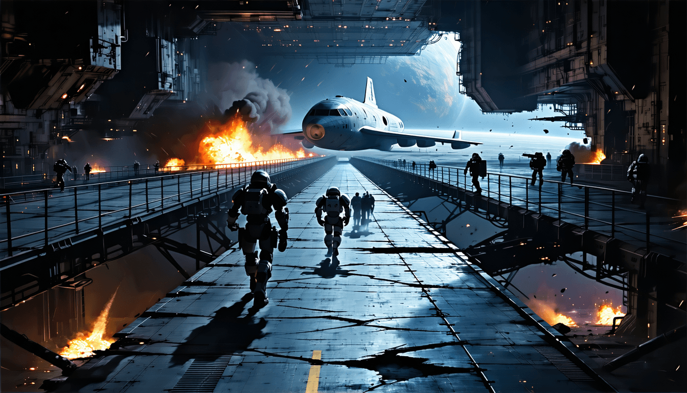 AI generated: A narrow, cracked catwalk stretches toward a distant space hangar, suspended over the nothingness of...