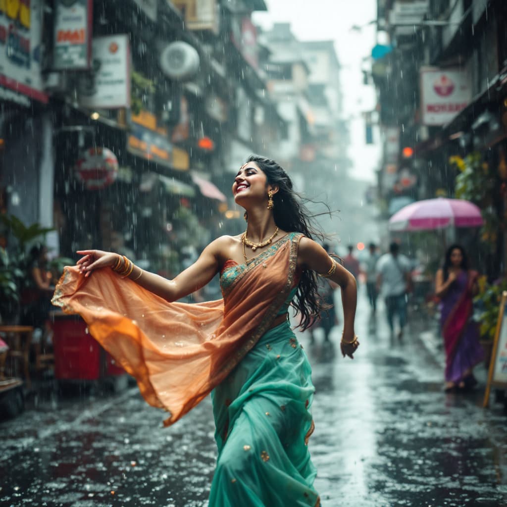 AI generated: An image depicting the metaphor of life as Indian girl dancing in the rain. Show a joyful and confid...