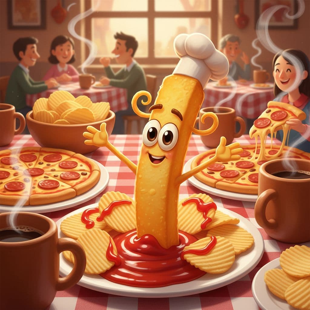 AI generated: digital art of a whimsical animated French fry character with big expressive eyes and wide arms reac...