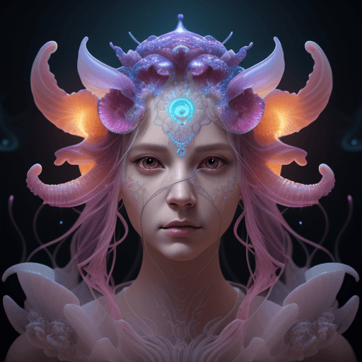 AI generated: Goddess close-up portrait ribcagel. jellyfish phoenix head, nautilus, orchid, skull, betta fish, bio...