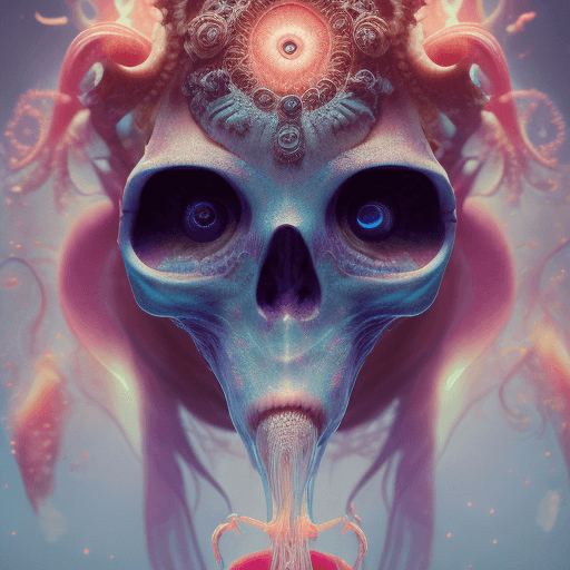 AI generated: Goddess close-up portrait ribcagel. jellyfish phoenix head, nautilus, orchid, skull, betta fish, bio...