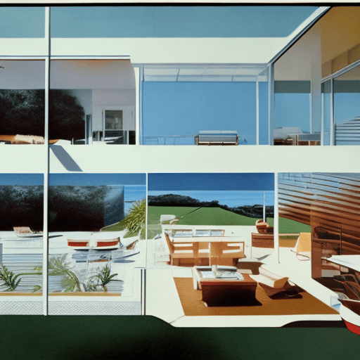 AI generated: Hyper realistic eye level exterior photo of a mid century modern style house overlooking the ocean, ...