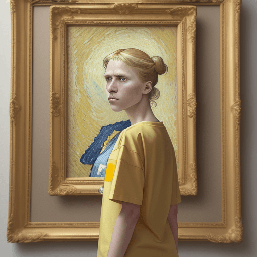 AI generated: In the visual representation, a woman stands against a neutral beige backdrop and there is a portrai...