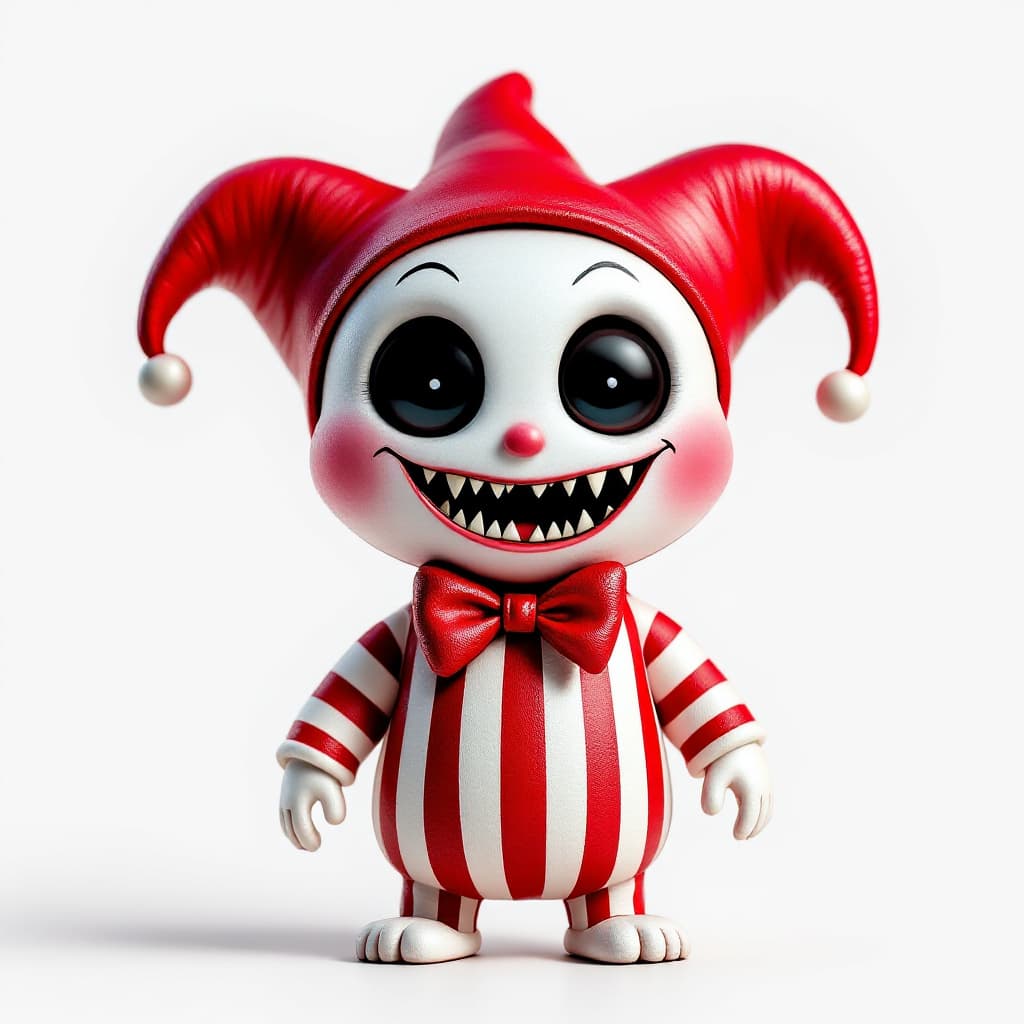 AI generated: A creepy cute toy mascot character with a big head and tiny striped body in red and white. It has hu...