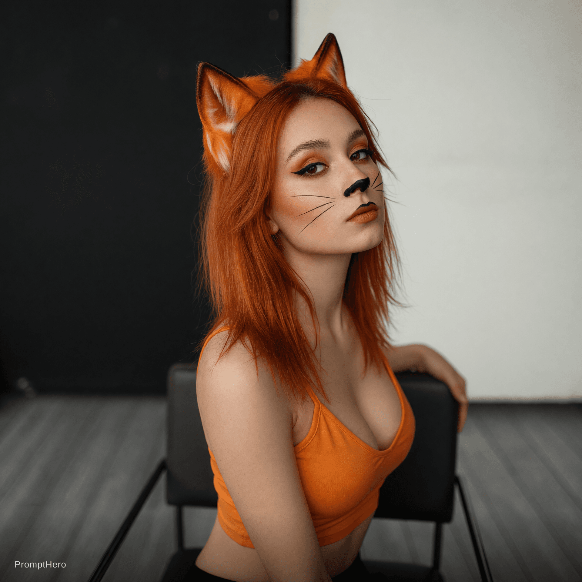 AI generated: Photorealistic studio portrait of a young woman with vibrant copper-orange shoulder-length hair wear...