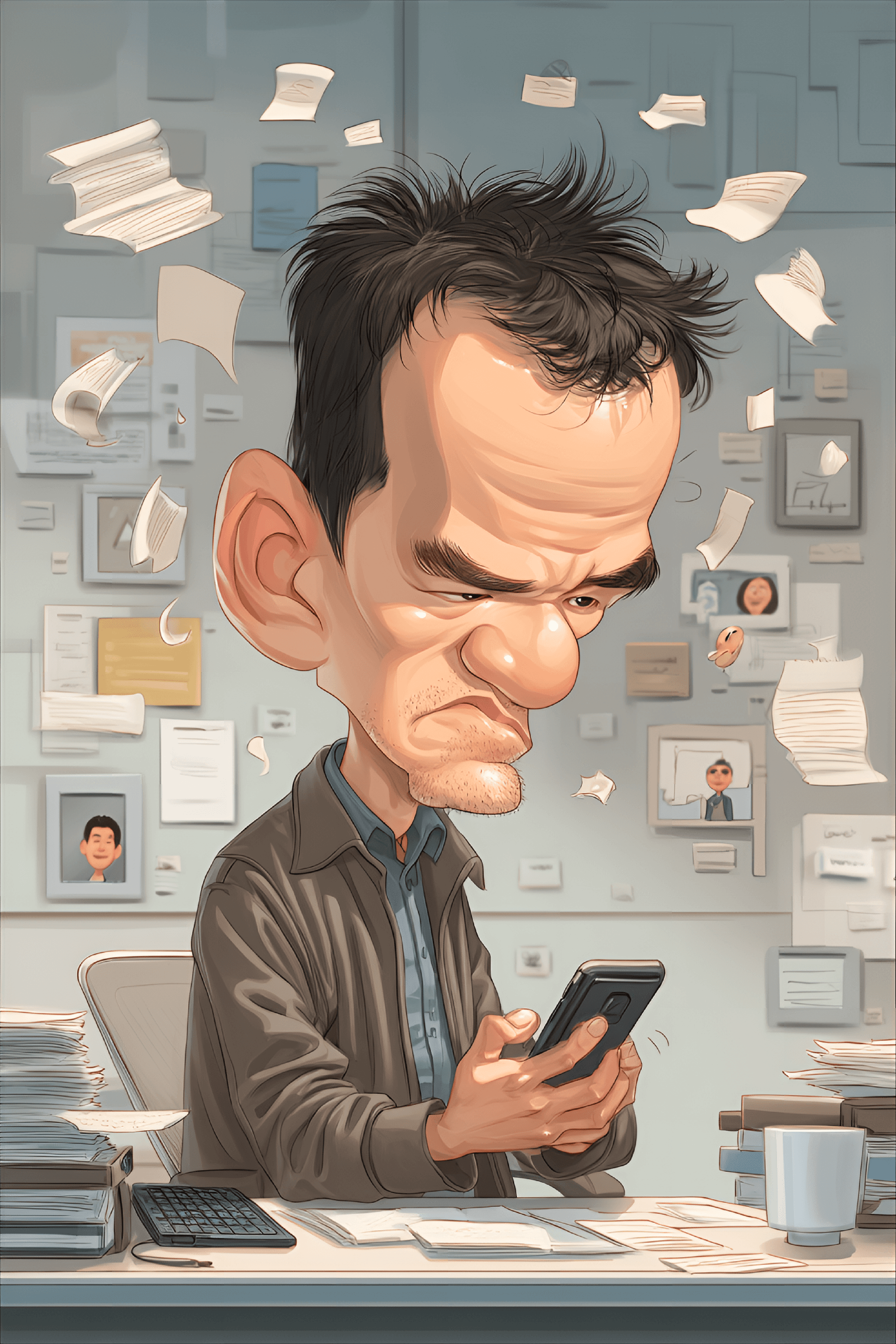 AI generated: funny caricature, tech billionaire caricature, middle-aged asian male, 40 years old, distracted, sma...