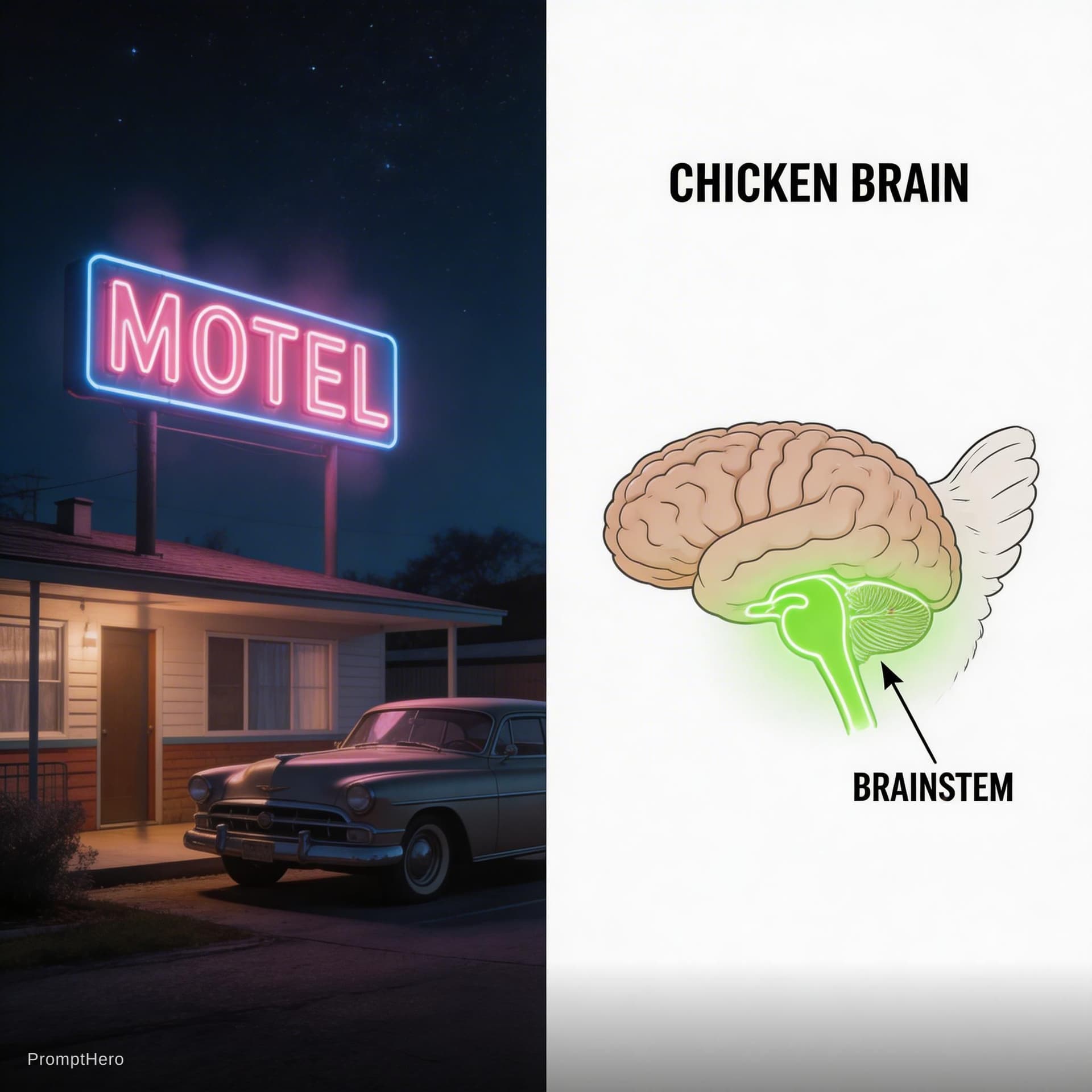 AI generated: A photo of 1945 of A buzzing neon motel sign at night. Cut to a quick, clean scientific animation sh...