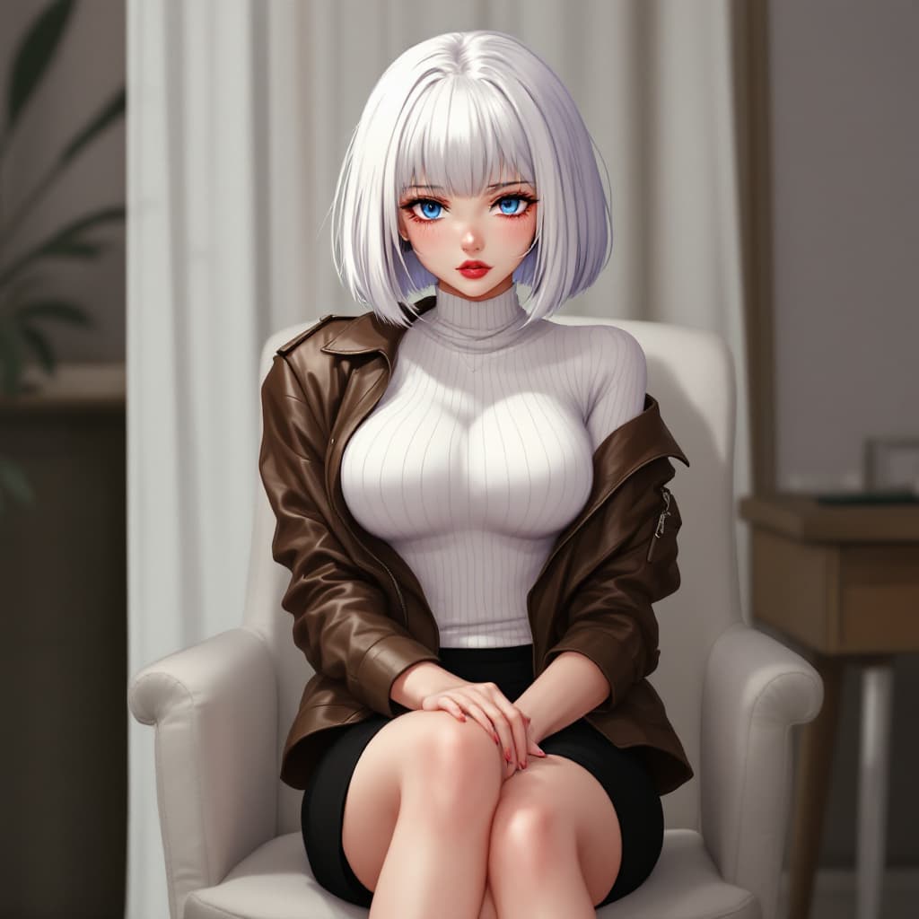 AI generated: anime, woman, white hair, bob cut, blue eyes, freckles, red lips, white sweater, tight sweater, shor...