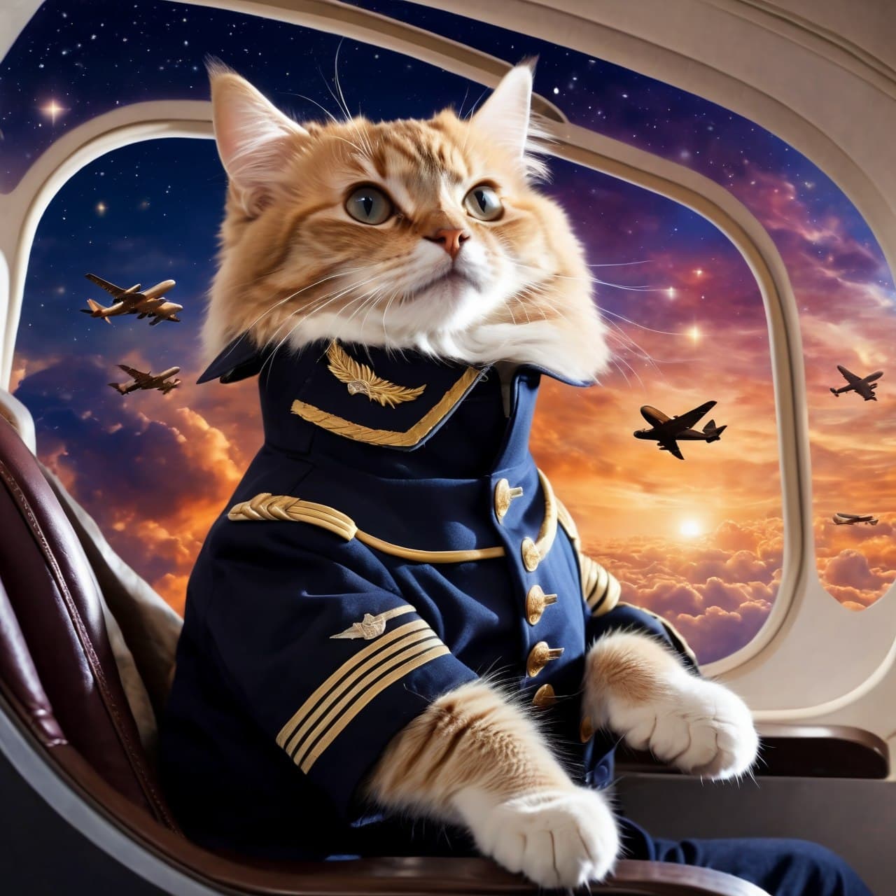 AI generated: (A cat is flying on an airplane:1.3), (a pilot cat:1.2), fantasy style, surrounded by clouds and sta...