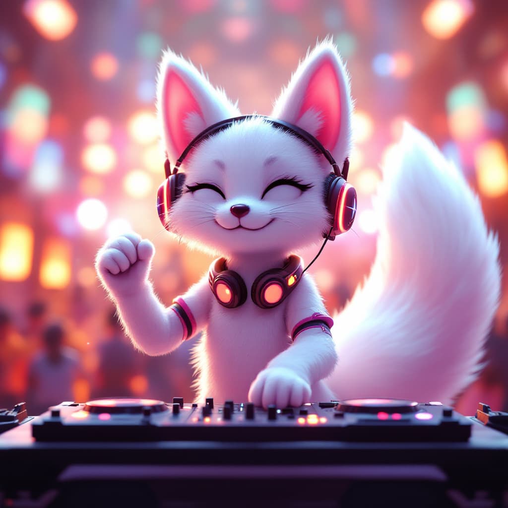 AI generated: No People in the background, white fox, thick tail, cat ears, 20s, DJing, machines are friends, wear...