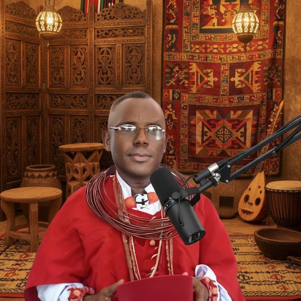 AI generated: place him in a african traditional palace style pod cast setting with the microphone but no headphon...