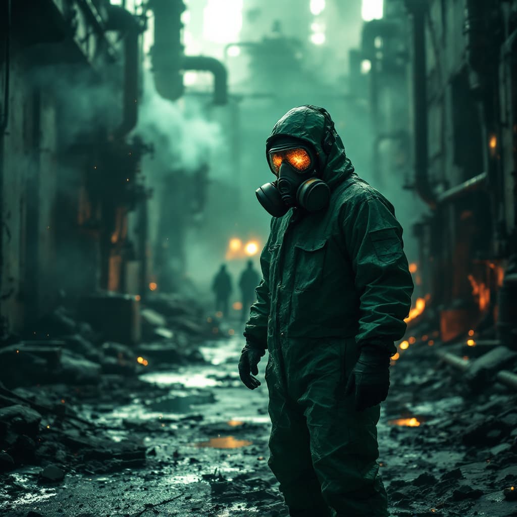 AI generated: A lone liquidator in an abandoned reactor hall, covered head-to-toe in a cracked, soot-streaked gree...