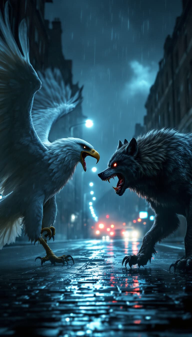 AI generated: "A fierce white eagle and an enraged wolf face each other on a dark, stormy London street at night. ...