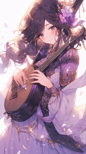 AI generated: A picture of a joyful woman holding a musical instrument, Disney princess reference, enchanting and ...
