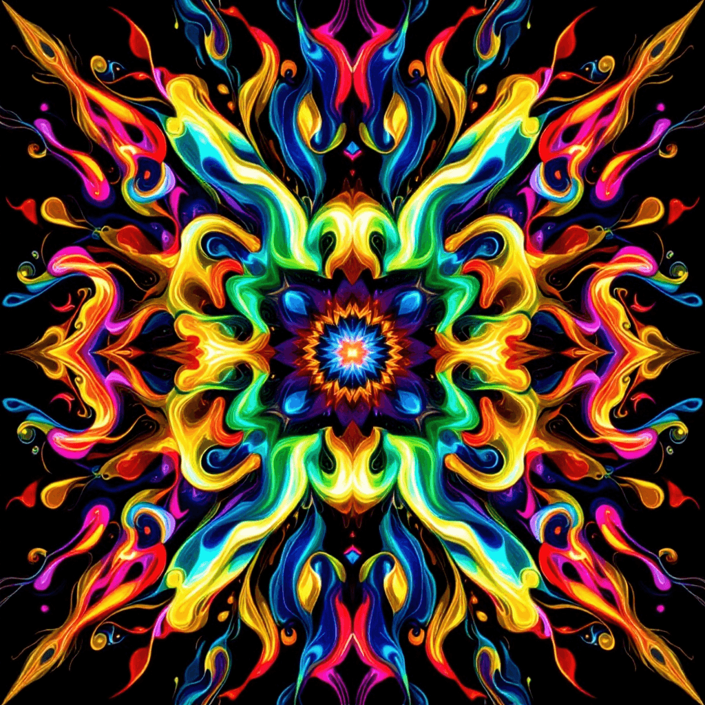 AI generated: "Create a vibrant, symmetrical abstract composition featuring dynamic organic shapes and intricate p...