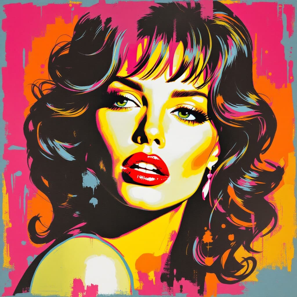 AI generated: Create a Raquel Welch poster painted by Andy Warhol, 60s, retro colors