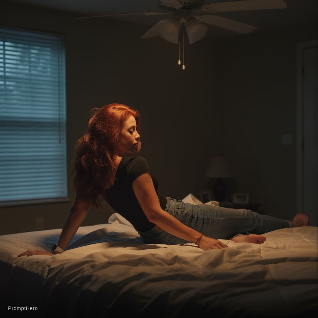 AI generated: A woman with long, tousled red hair cascading in loose waves over her shoulders lies sprawled across...