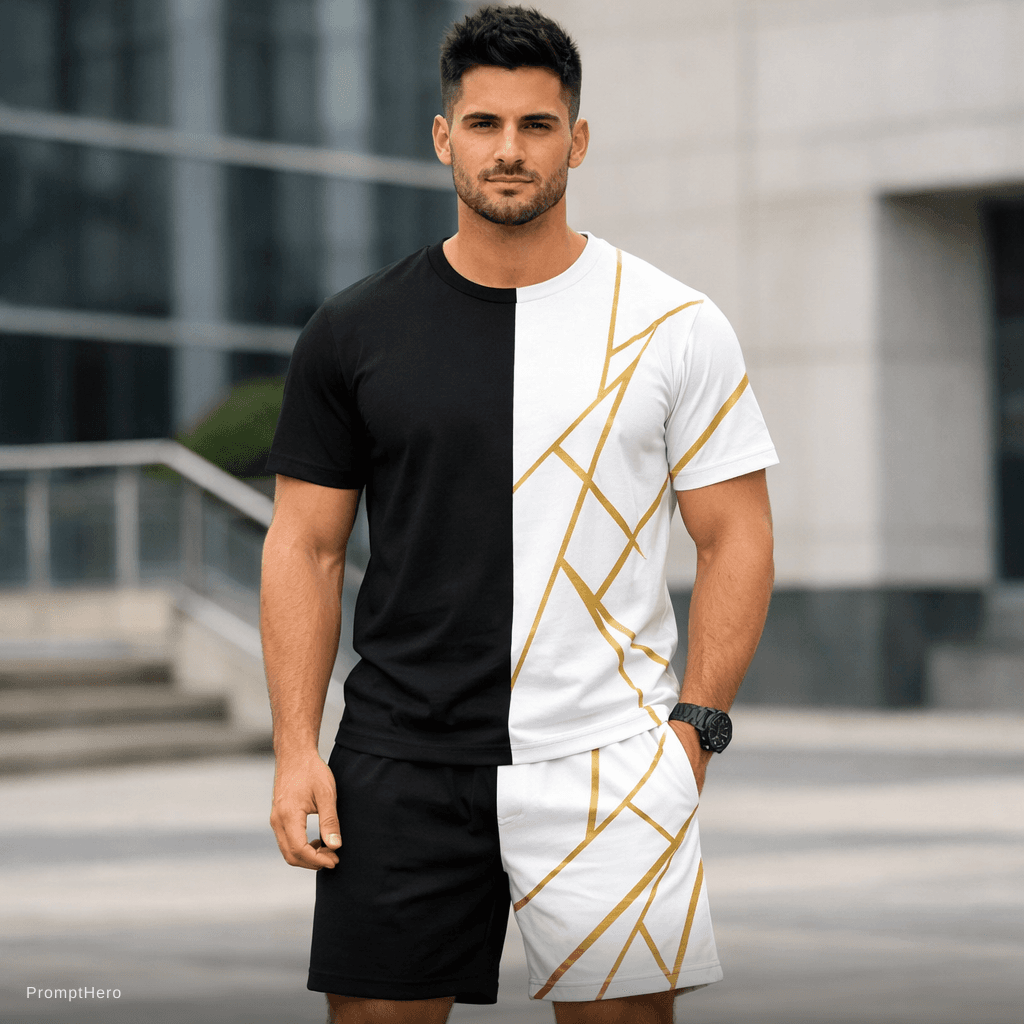 AI generated: black half tshirt and white half golden line design half shorts