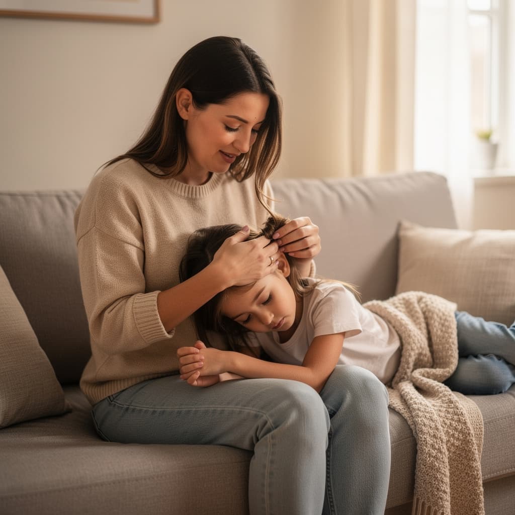 AI generated: a girl laying over moms lap