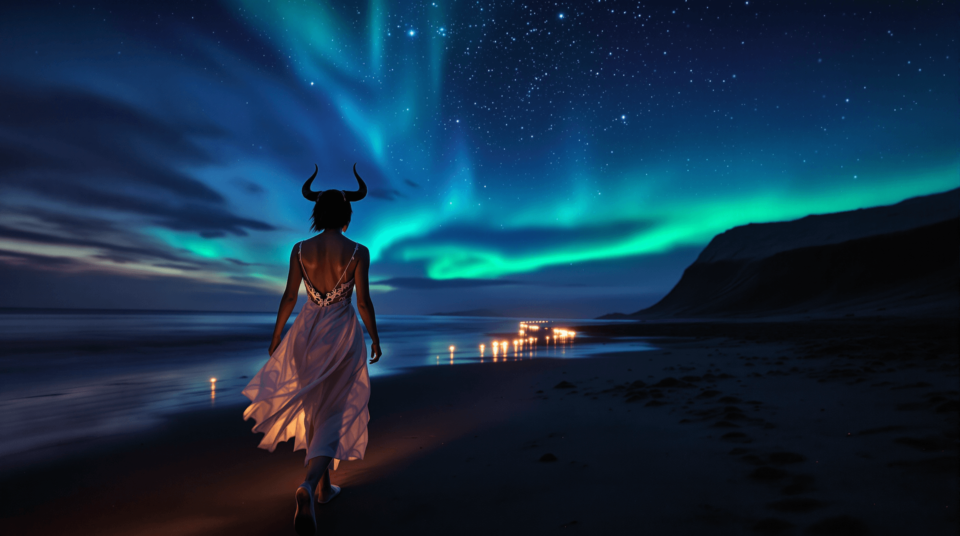 AI generated: Distant view, wide angle photo, full person, of A female Cambion walking. ( age: early 20, deep blue...