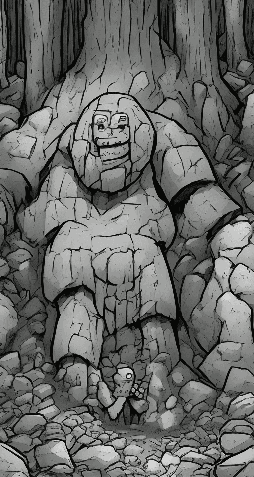AI generated: illustration of a stone Golem in the forest, comic style, marvelsnap, Hearthstone