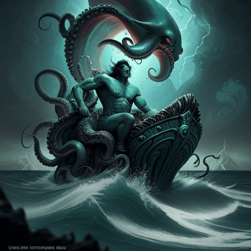 AI generated: The God of the Sea, rising from his throne in stormy waters riding on top of an octopus monster, dar...