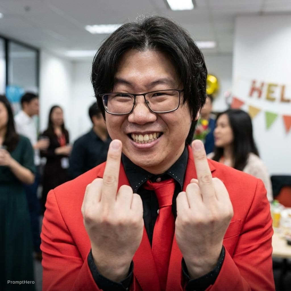 AI generated: Man gives middle finger to the camera while grinning. 