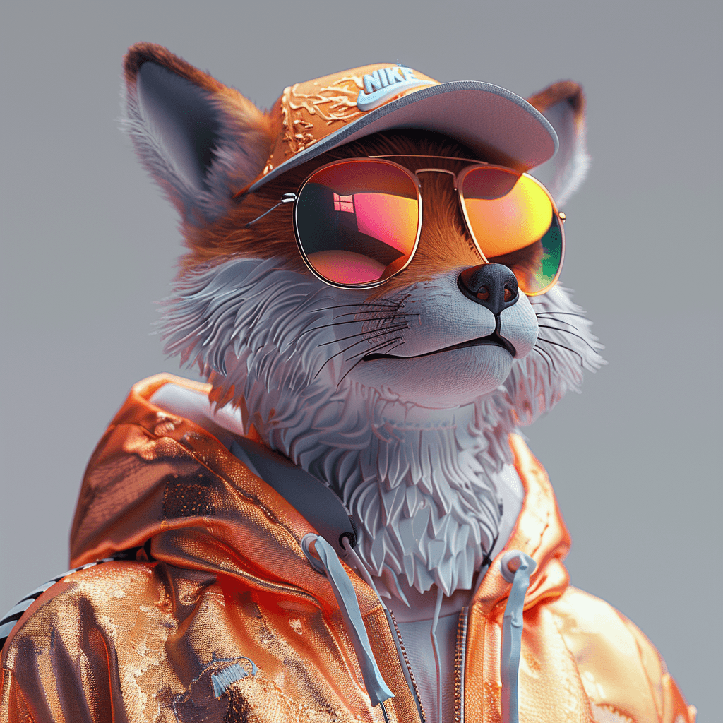 AI generated: 
3D cartoon Fox Head with Human Body, Wearing Iridescent Holographic Liquid Texture & Translucent M...